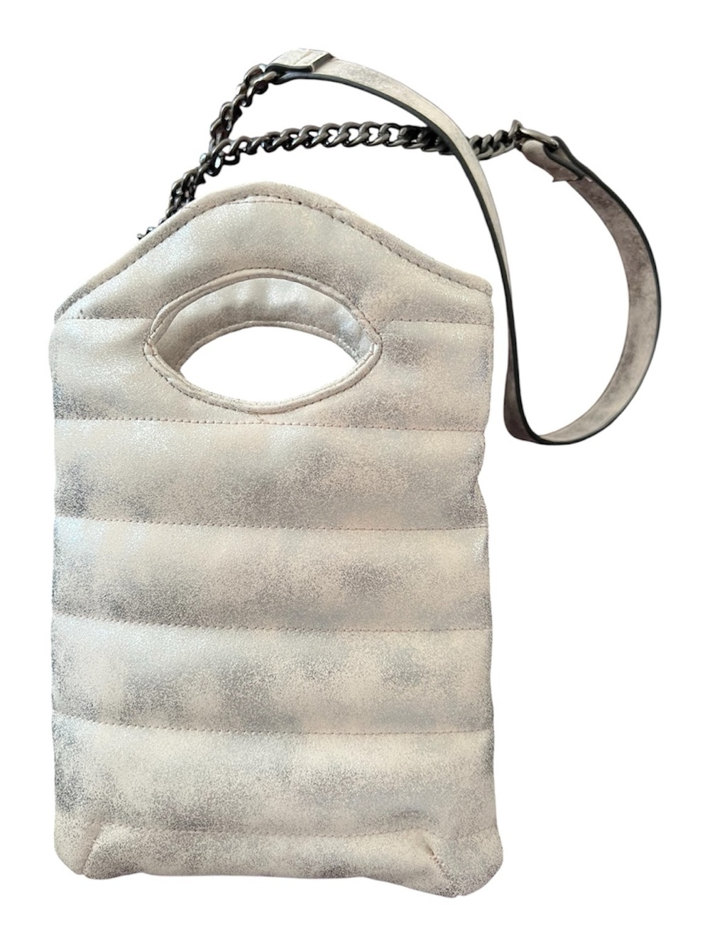 Think Royln Metallic Silver Blush Pink Quilted Gunmetal Chain Crossbody Bag